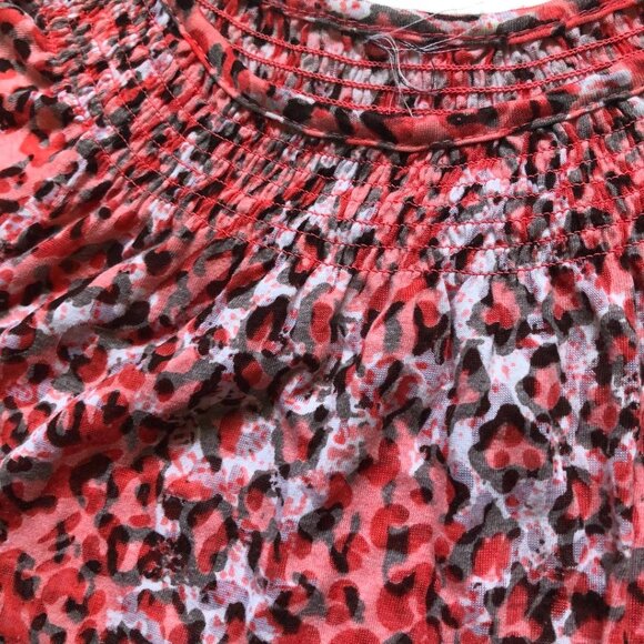Sheer, Leopard Print, Cotton Blend Blouse, Sz Large, Salmon/Peach Orange, White - Picture 3 of 5